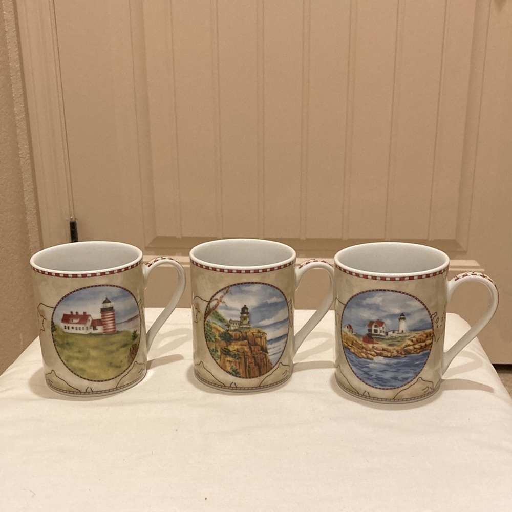 American Atelier at Home Set of 3 Porcelain Lighthouse Mugs Cups Signals 5100